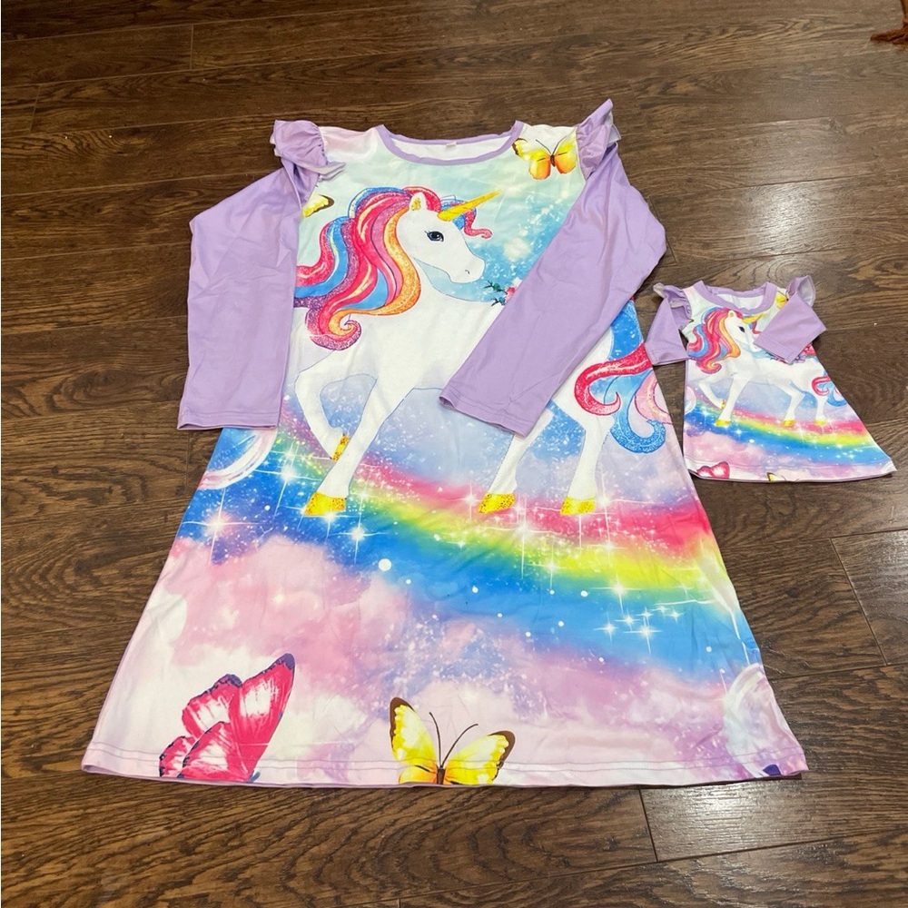 Unicorn Rainbow Dress with Matching Doll Set